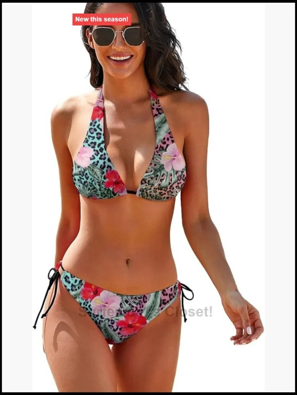 Floral Leopard Bikini Set, 2 Piece Bathing Suit Triangle Top Tie Side Bottom